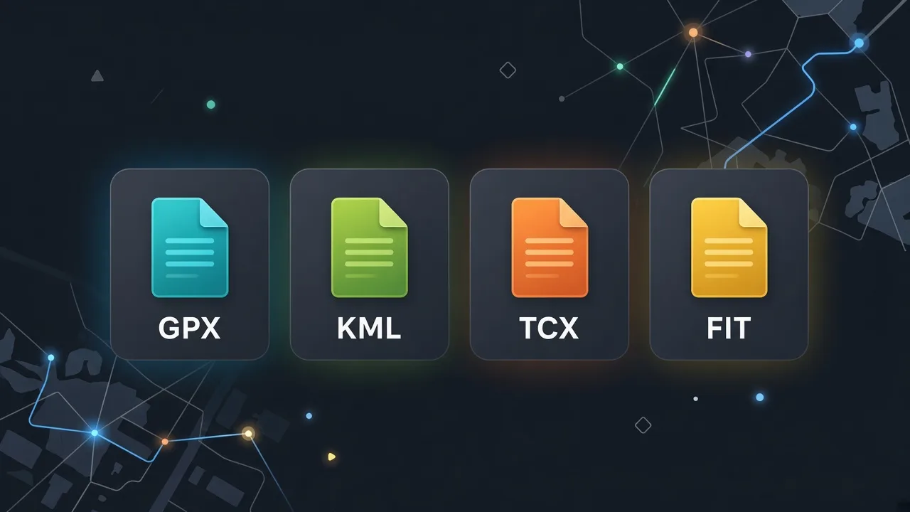 أربع بطاقات تنسيق: GPX، وKML، وTCX، وFIT على خلفية تقنية داكنة